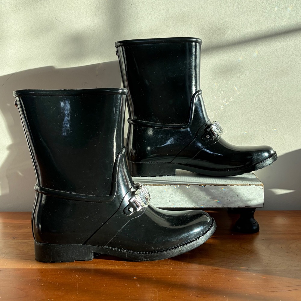 Michael Kors Leslie Black Rubber Crystal Embellished Mid Calf Rain Boots Size‎ 6